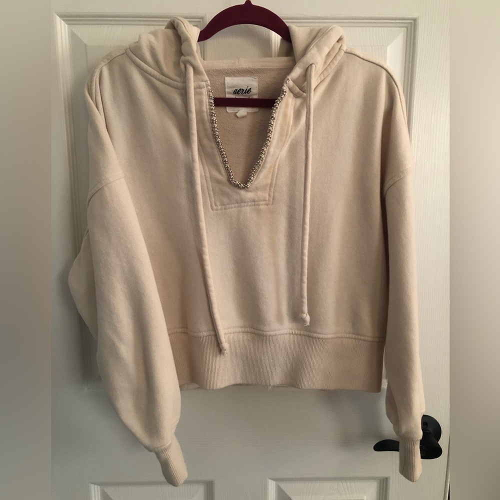 Aerie Beige Pullover Hoodie w/ Beaded Front